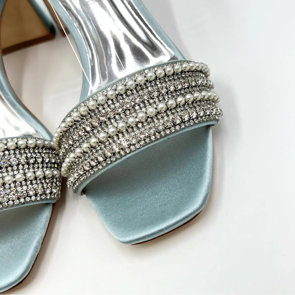 Badgley Mischka Size 5.5 Kameryn‎ Blue Satin Jeweled Dress Sandals Heels Shoes